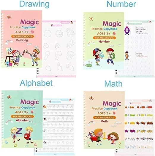 Magic Practice Copybook Set for Kids – Number Tracing & Calligraphy (4 Books + Pen + Grip + 10 Refills)